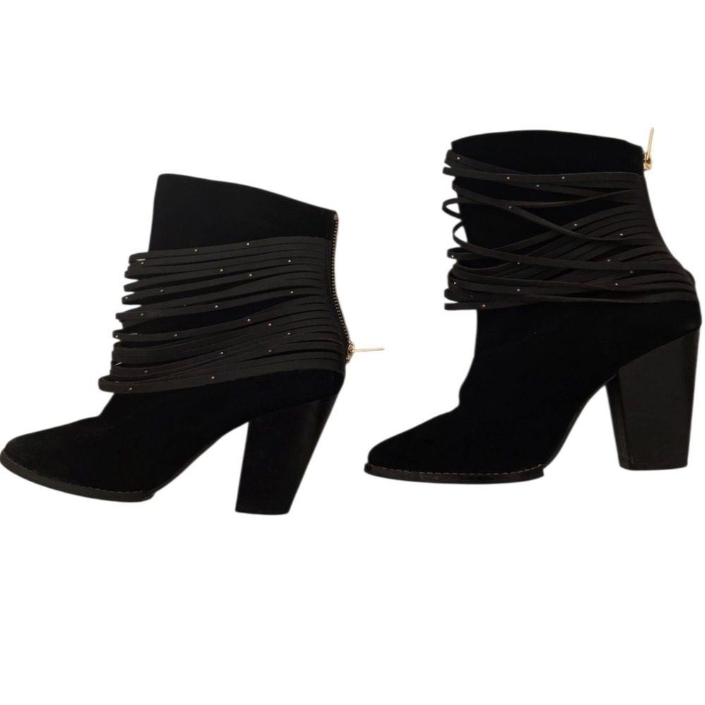 Kelsi Dagger Black Suede Fringe Ankle Boots Block Heel Zip Size 6.5 - Picture 2 of 8